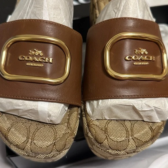 Coach Brown Signature Mules with Gold Accent - Picture 1 of 13